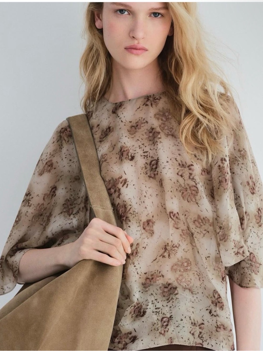 Zara Sheer Floral Short-Sleeve Blouse in Beige and Brown